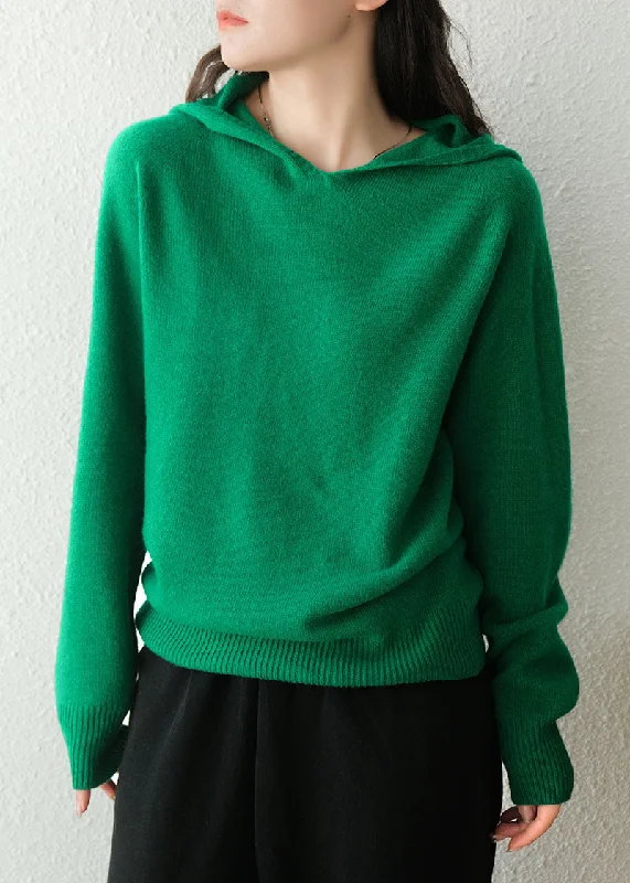 Women Green Hooded Thick Solid Color Wool Sweaters WinterLayered Knit Tops