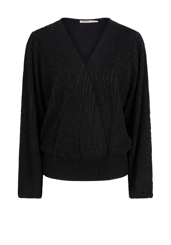 Esqualo Glitter Textured V Neck Top, Black